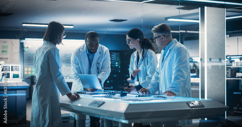 Poster Portrait of Group of Industrial Robotics Engineers Working on a Humanoid Robot, Consulting with Specialists and Analyzing Electronic Components. Female Scientist Having a Meeting with Her Team