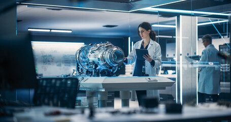 Beautiful Female Industrial Turbine Specialist Standing at a Table With an Innovative Invention....