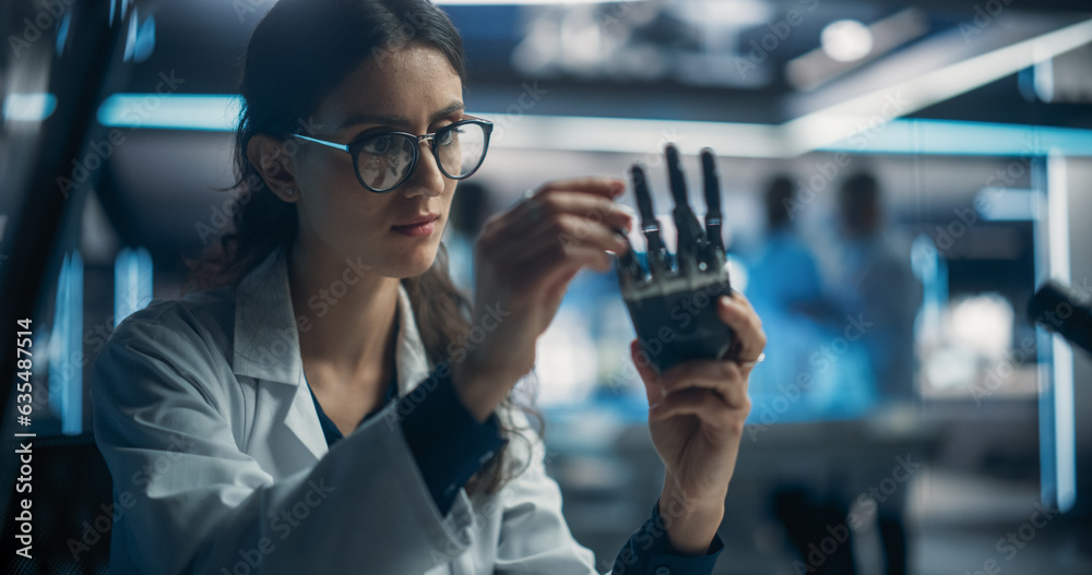 Poster Young Scientist Working on a Bionic Robot Hand for People with Health Conditions or Impairments. Female Engineer Using a Screwdriver to Work on Humanoid AI Robot Component at a Startup Company