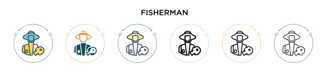 Fisherman icon in filled, thin line, outline and stroke style. Vector illustration of two colored and black fisherman vector icons designs can be used for mobile, ui, web