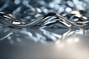 Silver liquid chrome background, shiny metal waves.