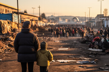 Crowd of refugees view from the back with staff and children