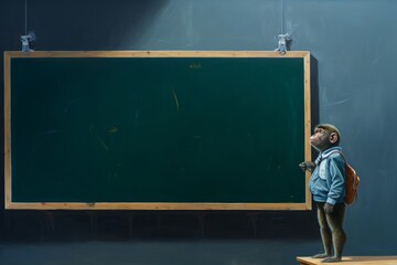 a monkey with a backpack stands at the school desk in front of the blackboard