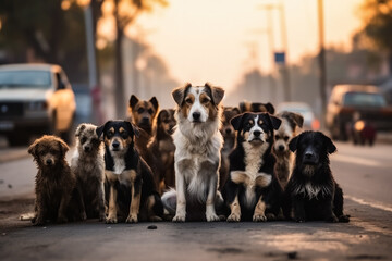 Group of mixed homeless dogs waiting for feeding time on sub main road background 