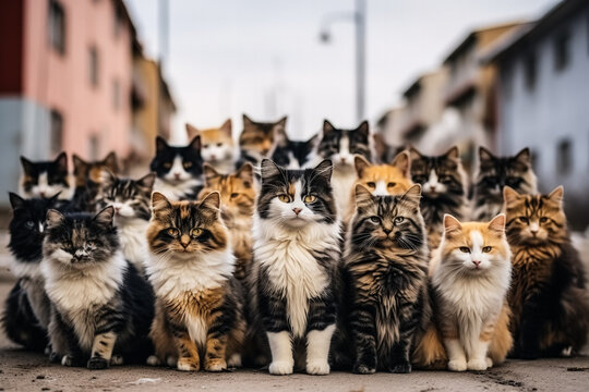 Group of mixed homeless cats waiting for feeding 