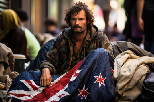 Homeless man sleeps on the pavement in the Australia hiding behind the Australian flag 