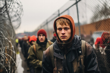Fototapeta premium Immigration to Germany young men standing at the border fence 