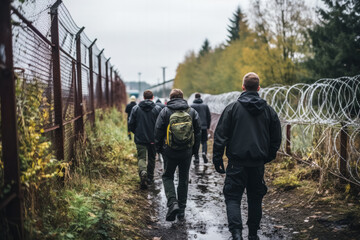 Immigration to Germany young men standing at the border fence 