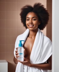Face care routine. Young african american lady wrapped in towel holding bottle with micellar water and using cotton pad
