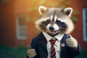 cute raccoon in school uniform with thumbs up - obrazy, fototapety, plakaty