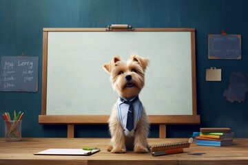 dog wearing a tie in front of a whiteboard