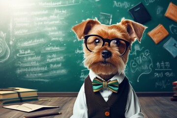 a dog with glasses in a classroom sitting on desk with chalkboard, in the style of retro style