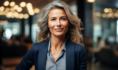 Obraz premium Mature Caucasian Female CEO Runs Large Corporation: A mature Caucasian woman CEO stands confidently in front of her large corporation, looking determined and successful.