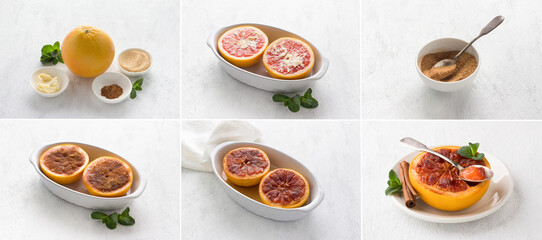Cooking delicious baked grapefruit dessert, collage, step by step, ingredients, cooking steps, final dish on a light gray table