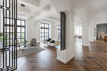 a chic expensive bright interior of a huge living room in a historic mansion with arched arches, columns and white walls decorated with ornaments and stucco.