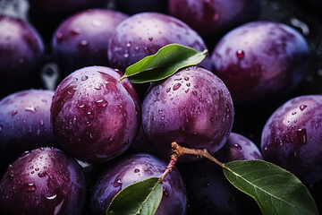 Ripe organic plums in autumn tray market agriculture farm background top view 