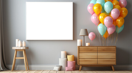 Birthday decor room with a blank frame. generative AI