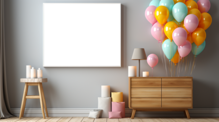 Birthday decor room with a blank frame. generative AI