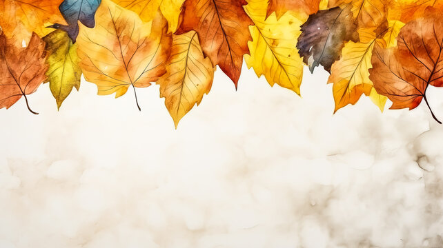 Watercolor colorful background made of fallen autumn leaves 