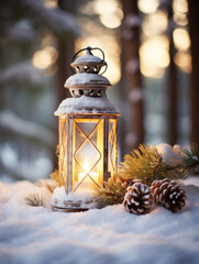 Old christmas candle lantern in snow against blurred forest background. Selective focus and shallow depth of field.