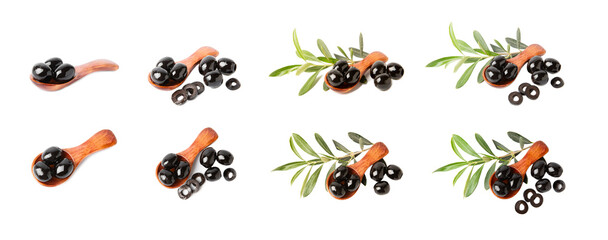 Tasty black olives in a wooden spoon with leaves isolated on white background. Vegan. Design.