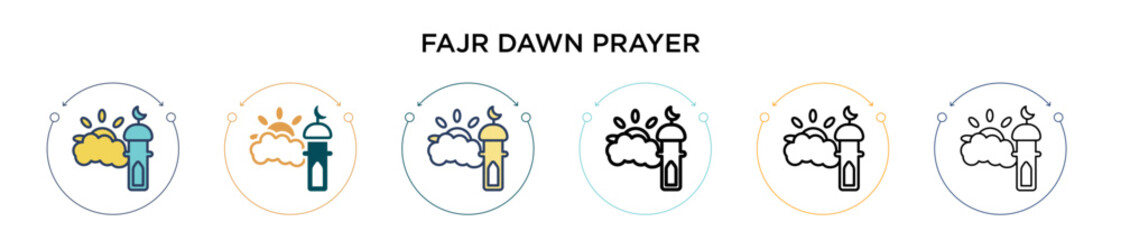 Fajr dawn prayer icon in filled, thin line, outline and stroke style. Vector illustration of two colored and black fajr dawn prayer vector icons designs can be used for mobile, ui, web