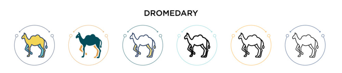 Dromedary icon in filled, thin line, outline and stroke style. Vector illustration of two colored and black dromedary vector icons designs can be used for mobile, ui, web