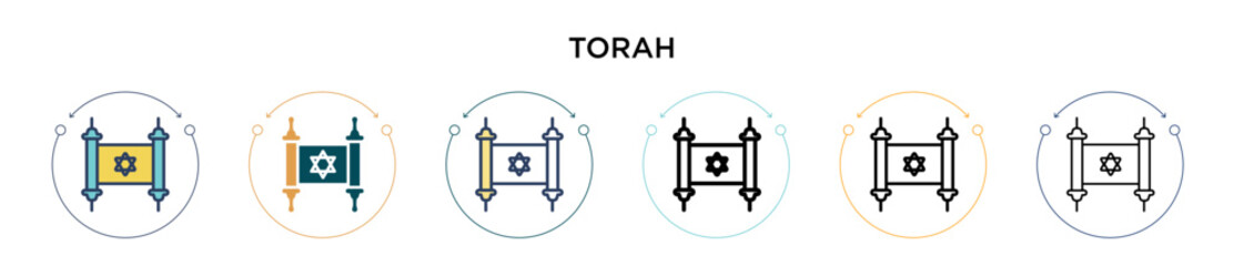 Fototapeta na wymiar Torah icon in filled, thin line, outline and stroke style. Vector illustration of two colored and black torah vector icons designs can be used for mobile, ui, web