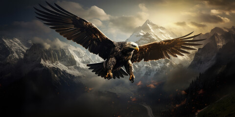 Predatory golden eagle flying over majestic mountainous valley. Generative AI