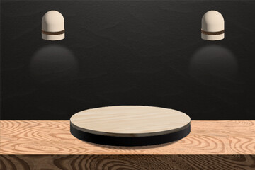 3d Podium Above A Wooden Plank And Two Lights On A Black Wall