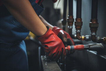 A close-up shot of a woman plumber's hands as she skillfully works on a faucet, the tools and materials showcasing her attention to detail 