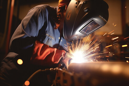 A close-up shot of a girl welder's hands as she skillfully controls the electric gas welding torch, demonstrating her precision and expertise 