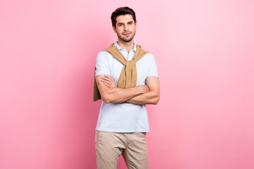 Photo of confident bearded man entrepreneur wear trendy clothes sweater on shoulders two hands crossed isolated on pink color background