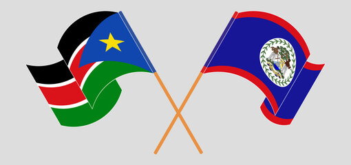 Crossed flags of South Sudan and Belize. Official colors. Correct proportion