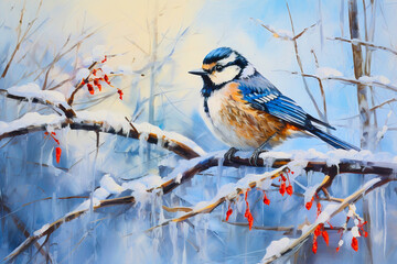 A blue tit bird sits on a snowy tree branch at winter, acrylic painting.