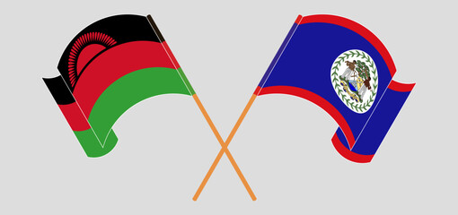 Crossed flags of Malawi and Belize. Official colors. Correct proportion