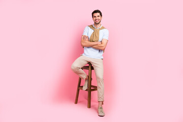 Full body cadre of confident businessman attractive boyfriend folded hands boss sitting bartender...