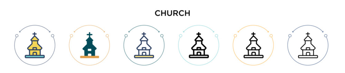 Church icon in filled, thin line, outline and stroke style. Vector illustration of two colored and black church vector icons designs can be used for mobile, ui, web