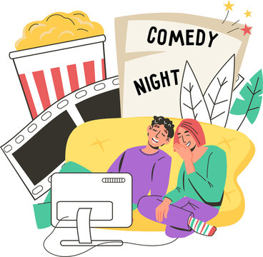 Comedy movie banner template with people watching television and laughing. Advertising of subscriptions of television channels and streaming TV, selections of comedy films.