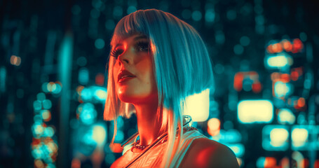 Beautiful Retro-Futuristic Portrait of a Human Gamer Girl Resembling an Android Robot with...