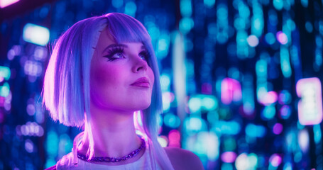 Naklejka na ściany i meble Cinematic Portrait of a Stylish Young Cosplay Model with Blue Hair Wandering Around a Futuristic Cybernetic City with Neon Lights. Young Excited Female in a Cyberpunk Augmented Reality