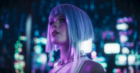 Cinematic Portrait of a Young Cosplay Model Wearing Futuristic Clothes, Striking Makeup and a Short...
