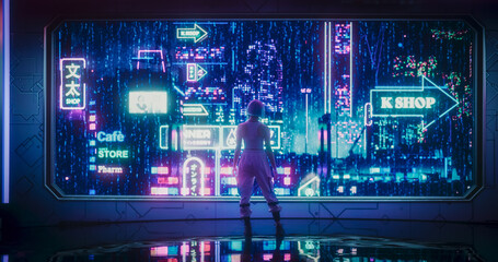 Cinematic Footage with a Stylish Cosplay Model with Blue Hair Looking Out of the Window in a...