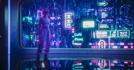 Extravagant Gamer Girl Wearing a Virtual Reality Headset in a Futuristic Neon Room with Cyberpunk...