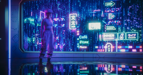 Extravagant Gamer Girl Wearing a Virtual Reality Headset in a Futuristic Neon Room with Cyberpunk Cityscape. Cosplay Female Exploring VR Metaverse, Playing Video Game Online © Gorodenkoff