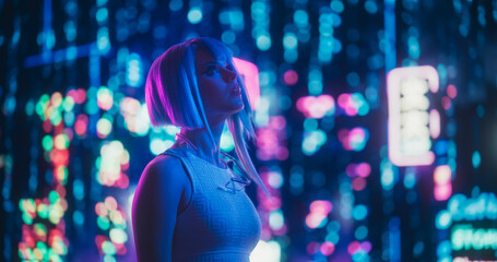 Portrait of an Excited Beautiful Young Female with Blue Hair Looking Up on a Futuristic Urban Center with Neon Lights and Artificial Intelligence Technology
