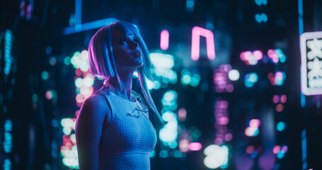 Creative Young Female Standing in a Sci-Fi Cyberpunk City with Neon Lights, Dystopian Colorful...