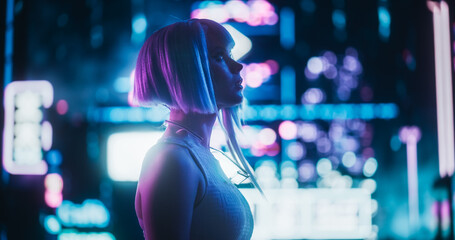 Cinematic Arc Shot of a Stylish Young Cosplay Model with Blue Hair Wandering Around a Futuristic...