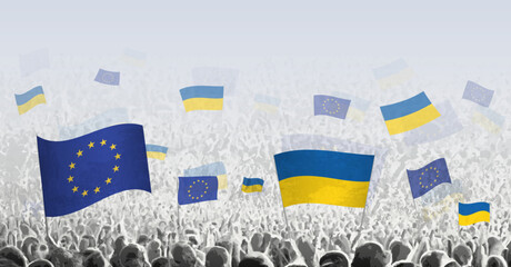 Crowd with flag of European Union and Ukraine, people of Ukraine with flag of EU.