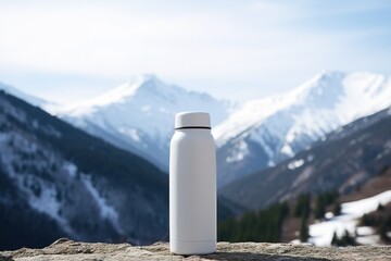 White camping vacuum flask thermos mockup in mountains, container with empty place for branding on background of snowy rocks